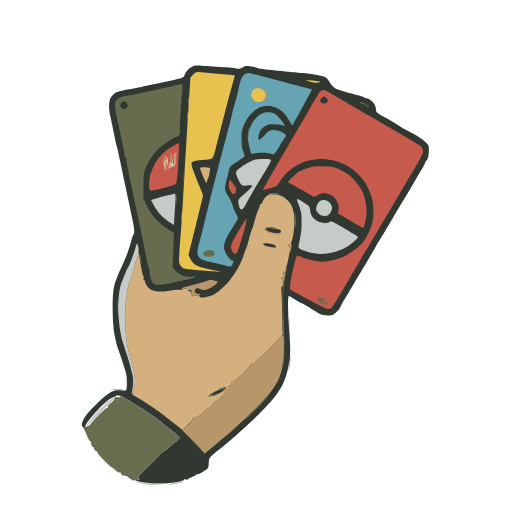 Cartoon hand holding a handful of Pokémon cards